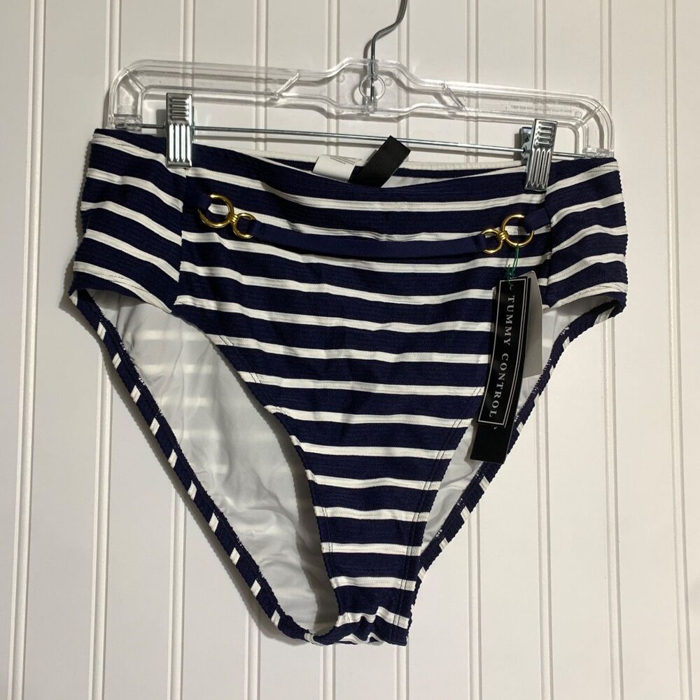 La Blanca Striped High Waist Swimsuit Bottom Size 12 Navy Blue Tummy Control NWT